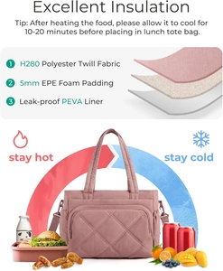 Detail diagram of the quilted pink lunch bag showing 5mm EPE foam and leakproof PEVA lining