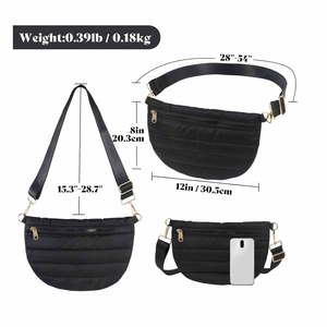 Black quilted puffer fanny pack for women with adjustable strap and multi-pocket design