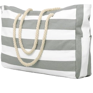 Large waterproof beach tote bag with grey and white stripes and thick rope handles
