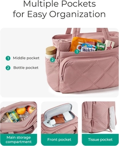 Quilted pink lunch bag detail showing side bottle pocket and organized storage compartments