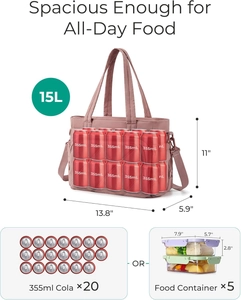 Detailed infographic showing 15L capacity and dimensions of the purple insulated lunch bag