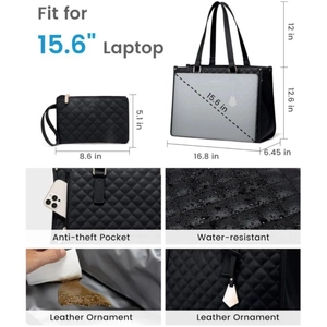 Borsa tote trapuntata nera per laptop da 15,6 pollici con tessuto impermeabile e set coordinato