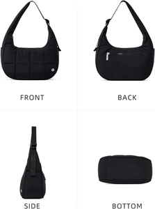Vues détaillées de l'avant l'arrière le côté et le fond d'un sac en nylon matelassé noir