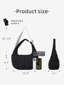 Dimensions détaillées du sac matelassé noir en nylon avec bandoulière réglable