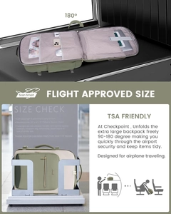 Travel backpack featuring 180-degree flat opening for easy packing and TSA airport check