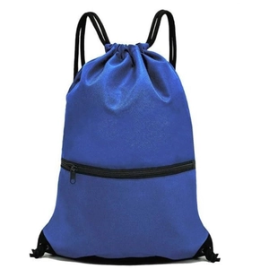 Waterproof royal blue drawstring backpack with front zipper pocket and reinforced corners