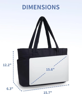 Detailed size chart for black quilted tote bag fitting a 15.6 inch laptop computer