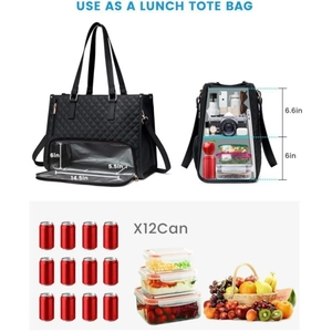 Borsa termica nera trapuntata 2-in-1 per il pranzo con grande capacità a doppio strato
