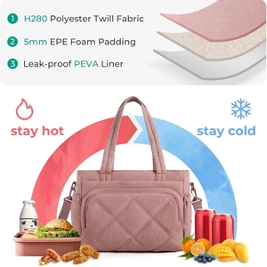 Pink quilted insulated lunch bag with three-layer polyester and PEVA lining for picnics