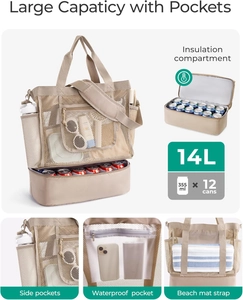 Detail showing beige mesh beach bag with large capacity main compartment and waterproof pockets