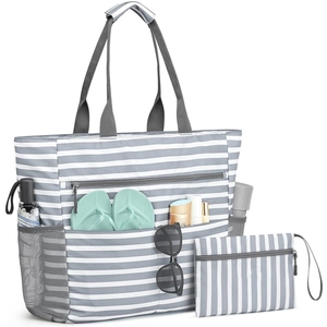 Large Capacity Oxford Beach Bag With Pouch Waterproof Sandproof Striped Travel Tote Handbag For Women Vacation Storage