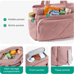 Quilted insulated lunch tote bag for women with multiple storage pockets in dusty rose