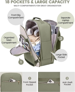 Detail view of large olive green travel backpack showing 18 functional storage pockets