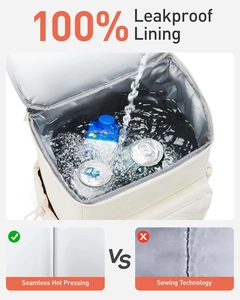 Detail of 100% leakproof lining and seamless hot pressing on the cream travel backpack