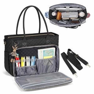 Quilted black multifunctional laptop bag with organizer pockets and shoulder strap