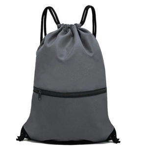 Waterproof grey drawstring backpack with durable nylon fabric and front zipper pocket