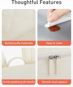 Detail view of quilted nylon bag showing dual zippers and padded handles in beige