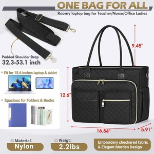 Quilted black nylon laptop tote bag for women with dimensions and feature callouts