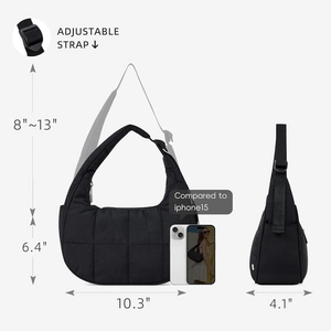 Sac demi-lune en nylon matelassé noir avec bandoulière réglable et poches latérales