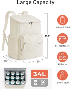 Detailed infographic of 34L quilted cooler backpack showing large storage capacity