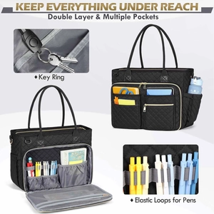Quilted black organizer tote bag with large double layers and multiple pockets