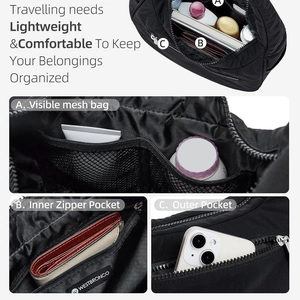 Sac cabas noir en nylon matelassé avec intérieur spacieux et bandoulière réglable