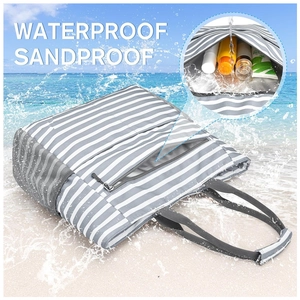Waterproof and sandproof large foldable beach tote bag with gray and white stripes