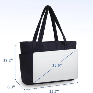 Quilted black tote bag with 15.6 inch laptop capacity and detailed dimensions shown