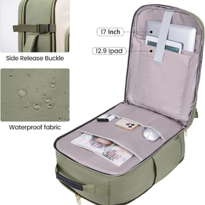 Light green travel backpack with 17-inch laptop compartment and waterproof fabric
