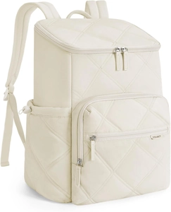 Detail view of the quilted beige water-resistant travel backpack with side storage pockets