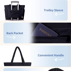 Black quilted laptop tote bag with trolley sleeve and secure back zipper pocket for travel