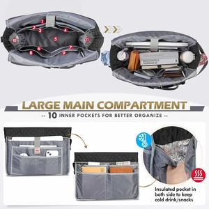Black quilted teacher tote bag with laptop compartment and 10 organized pockets