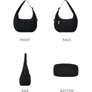 Sac croissant en nylon matelassé noir avec bandoulière réglable vu sous quatre angles
