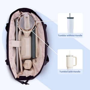 Quilted tote bag interior showing laptop compartment and versatile cup holder storage