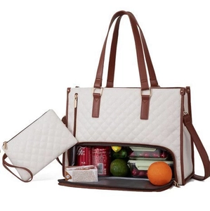 Quilted 2-in-1 insulated lunch tote bag in cream white with brown leather trim