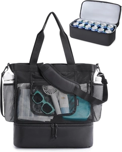 Black mesh beach tote bag featuring a lower insulated cooler compartment for drinks