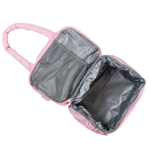Detail view of pink insulated lunch bag with silver thermal lining and mesh pocket