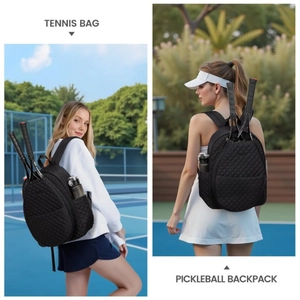 Detail of black quilted sports backpack with dedicated compartments for tennis rackets
