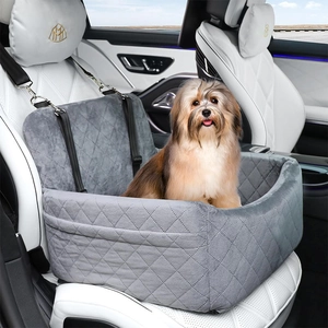 Gray plush car dog seat with quilted diamond pattern and adjustable safety straps