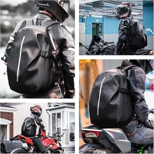 Matte black aerodynamic motorcycle helmet backpack with reflective strip and hard shell design