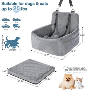 Grey quilted velvet dog car seat for small pets with dimensions and 20lbs weight limit