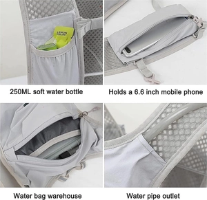 Detail view of hydration vest with water bottle pockets and 6.6 inch phone compartment