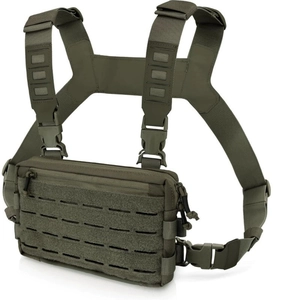Detail view of tactical chest bag with laser-cut MOLLE system and H-harness design
