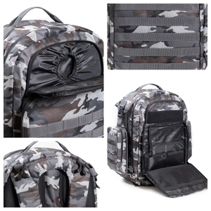 Detailansicht des Camouflage-Taktikrucksacks mit MOLLE-System und internen Staufächern