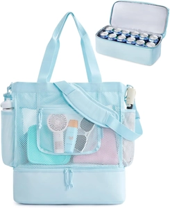 Light blue mesh beach tote bag with zippered cooler compartment and shoulder strap