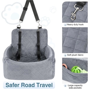 Plush grey car dog seat with safety hooks and storage pockets for pets traveling