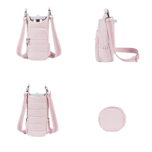 Pink quilted water bottle bag with adjustable strap shown from four different angles