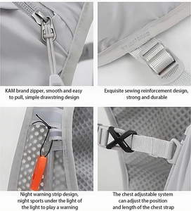 Detail of running vest showing KAM zippers, reflective strips and survival whistle