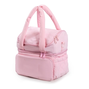 Detail view of the pink quilted lunch bag showing its double-layer storage and zippers