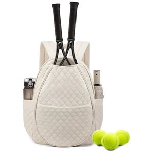 Quilted cream tennis bag with racket compartment and side pockets for sports gear